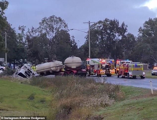 The cab of the truck, where the driver of the heavy vehicle sits, had overturned near a ditch after the collision (photo).