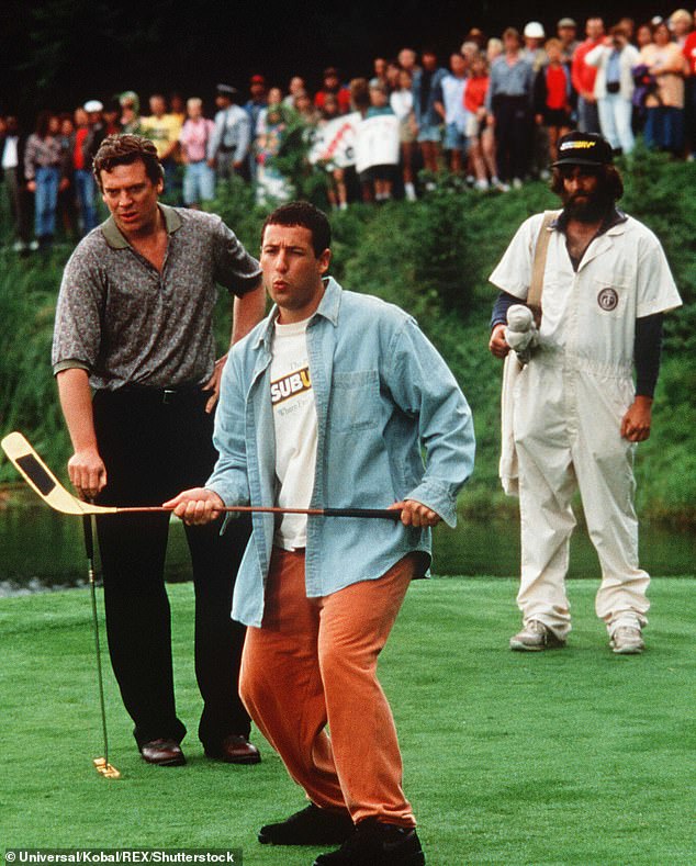 Sandler starred in 1996's Happy Gilmore, a failed hockey player with anger issues who uses his newfound golf skills to try to save his grandmother's house from foreclosure;  pictured with Christopher McDonald (L) and Allen Covert (R)