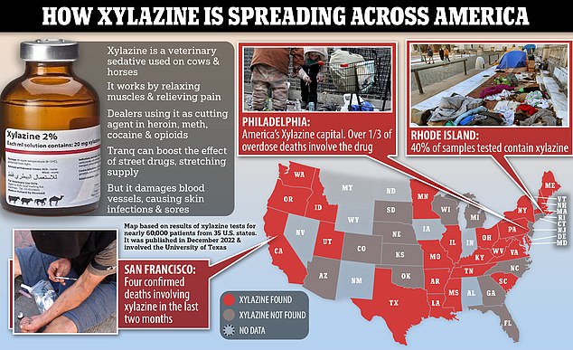 A DEA study published in December involving 60,000 U.S. adult drug tests found that xylazine was found in samples from 48 of the 50 U.S. states.