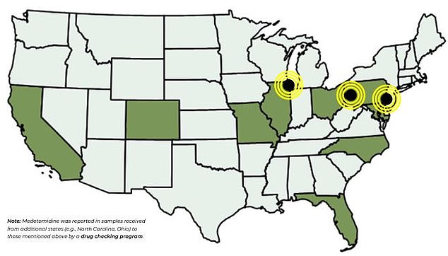 The green states show where medetomidine originated, including California, Colorado, Missouri, Illinois, Florida and North Carolina.  The yellow circles indicate where overdose outbreaks have occurred, such as Chicago