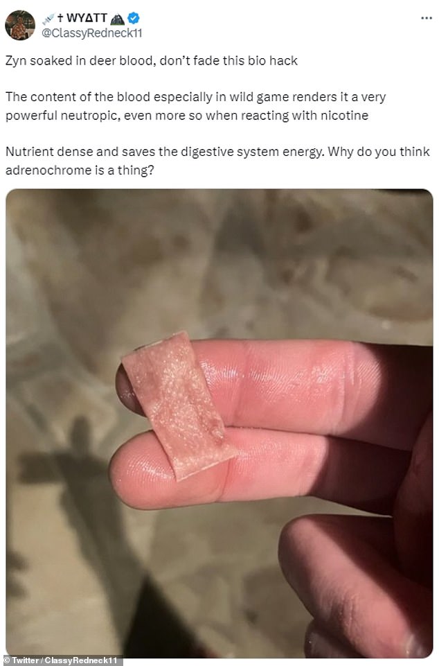 This Twitter user shared a photo of a Zyn nicotine pouch that he had allegedly soaked in deer blood.