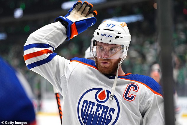 Connor McDavid #97 of the Edmonton Oilers reacts after his game-winning goal
