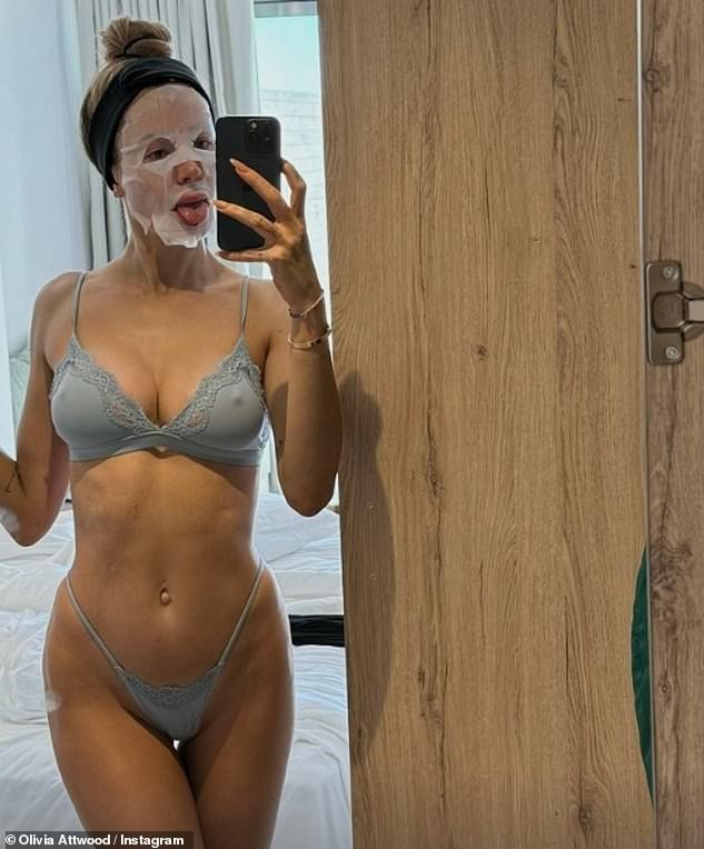 Olivia Attwood showed off her incredible figure in gray lingerie as she posed for a mirror selfie on Instagram on Thursday while enjoying a pampering session