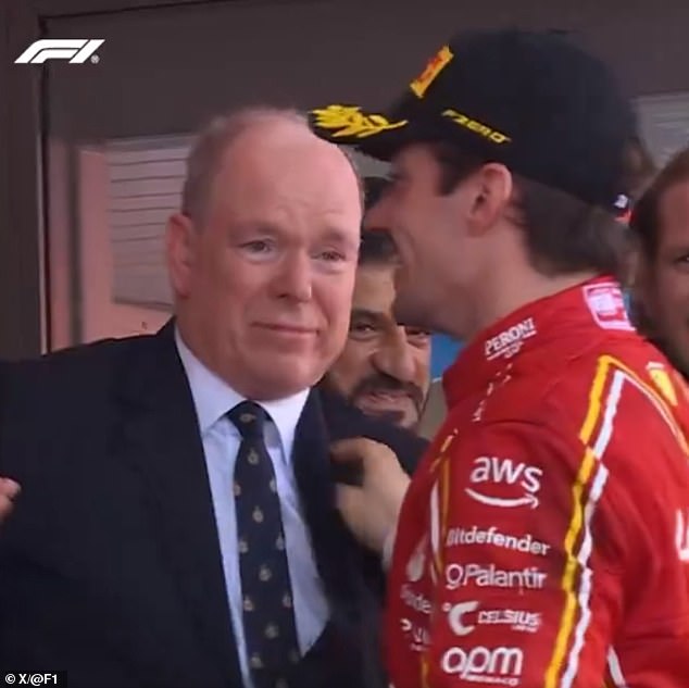 Prince Albert of Monaco looked teary-eyed as he congratulated Charles Leclerc on his Formula 1 victory on Sunday