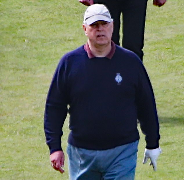 Prince Andrew pictured himself playing golf at Castle Stuart, near Inverness, this morning.  The Duke made a solo appearance in the Scottish Highlands, while Prince William and Princess Beatrice attended a garden party at Buckingham Palace