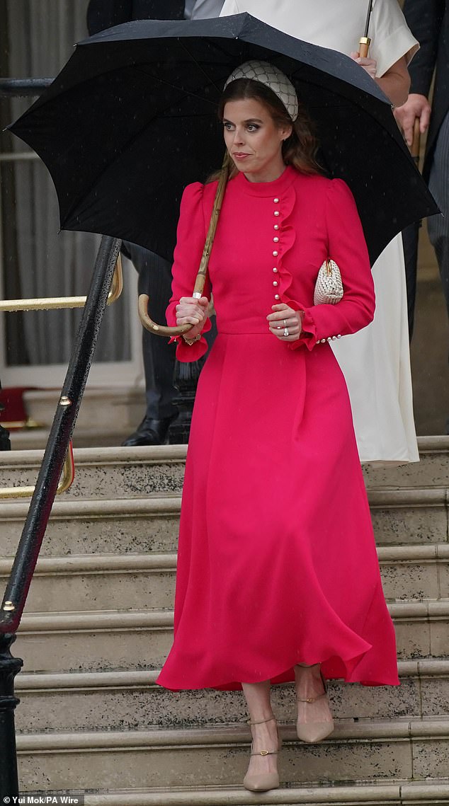 Princess Beatrice (pictured) attends a garden party at Buckingham Palace earlier this week, hosted by her cousin Prince William