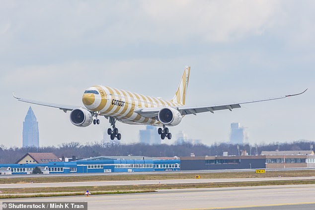 Passengers vomited at an altitude of 10,000 meters on Thursday when 70 people fell ill with an emetic virus halfway through their flight from Mauritius to Frankfurt.  Pictured: A Condor airline plane lands at Frankfurt Airport on March 23, 2024 (file photo)