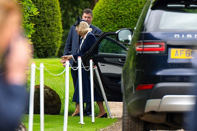 Camilla arrives today for Ian Farquhar's memorial service in Badminton, Gloucestershire