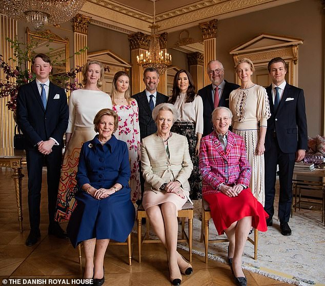 Queen Mary and King Frederik posed for a photo with Princess Benedkeek on her 80th birthday at Frederick VIII's Palace, in Amalienborg (photo: front row L-R Queen Anne Marie of Greece, Princess Benedkeek, 80, Queen Margrethe, 84, back row L-R , Gustav Heinrich Richard, 14, Princess Nathalie of Sayn-Wittgenstein-Berleburg, 49, Countess Ingrid von Pfeil und Klein-Ellguth, King Frederick, Queen Mary, Count Michael Ahlefeldt-Laurvig-Bille, 59, Princess Alexandra of Sayn-Wittgenstein- Berleburg, 53, and Count Richard von Pfeil and Klein-Ellguth)