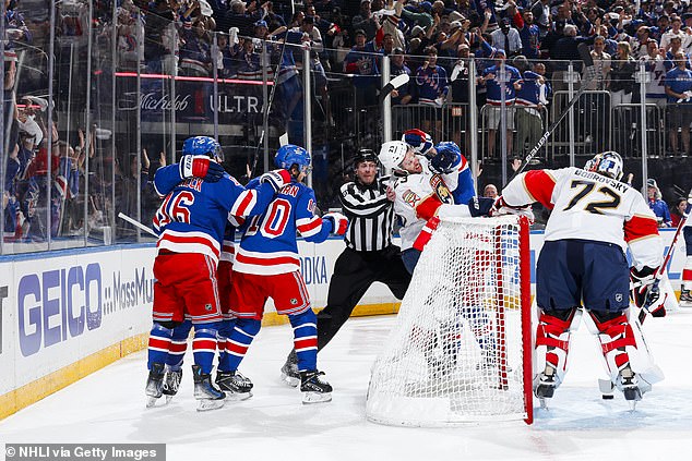 As Fox and Trocheck celebrated the early goal, Florida's Carter Verhaeghe retaliated against New York's Alexis Lafrenière for an open-ice goal