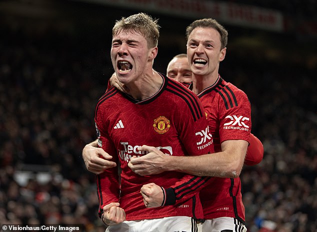 Rasmus Hojlund celebrates his first Premier League goal against Aston Villa