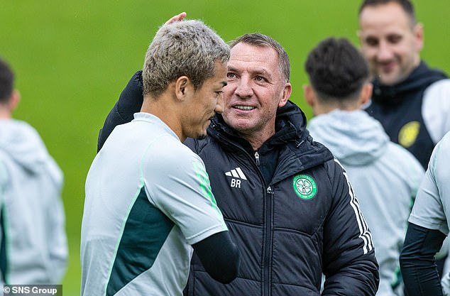 Brendan Rodgers shares a joke with Daizen Maeda ahead of Saturday's final