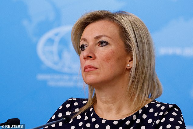 Russian Foreign Ministry spokeswoman Maria Zakharova (pictured in January) said on Wednesday that the accusation that her country was involved in the aid center fire was part of an information war against Moscow amid Vladimir's ongoing invasion of Ukraine Putin.