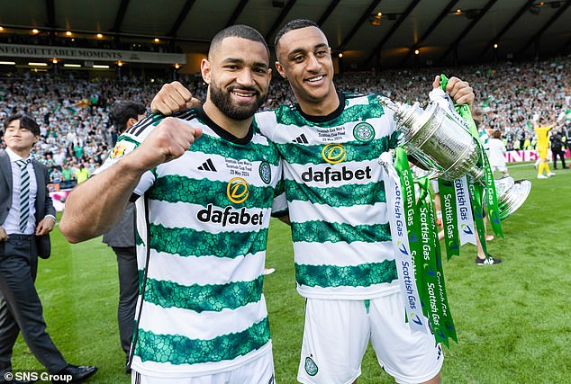 Carter-Vickers, left, celebrates victory in the Scottish Cup final with match winner Adam Idah