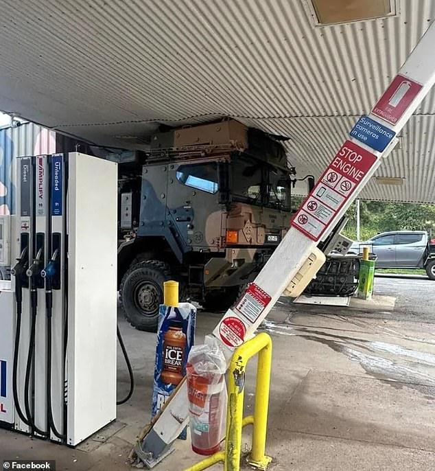 Photos circulating on social media show the servo looking like a war zone, with the truck wedged tightly under the collapsed roof