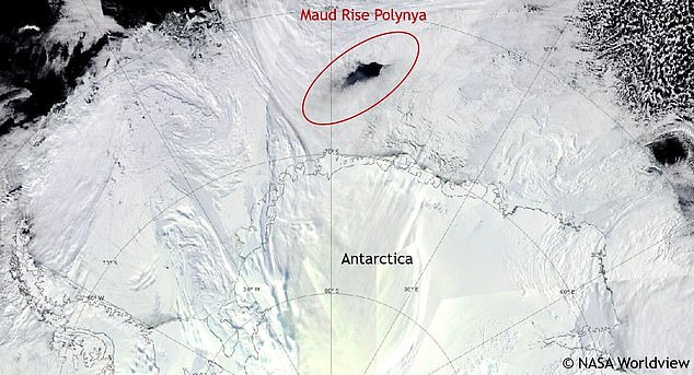 The Maud Rise polynya appeared in the winters of 2016 and 2017 and was almost twice the size of New Jersey.  Pictured: A satellite image of the polynya in 2017