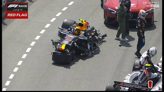 Sergio Perez's car was virtually destroyed after a first-lap crash at the Monaco Grand Prix