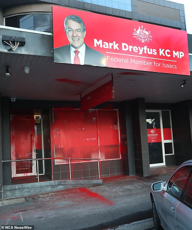 The vandalized office of Attorney General Mark Dreyfus in Mordialloc