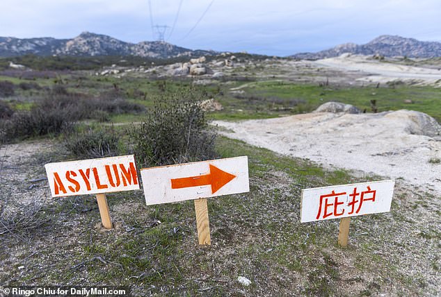 A Chinese migrant camp near Jacumba, California, has signs directing Chinese asylum seekers where they can surrender themselves to U.S. Border Patrol agents