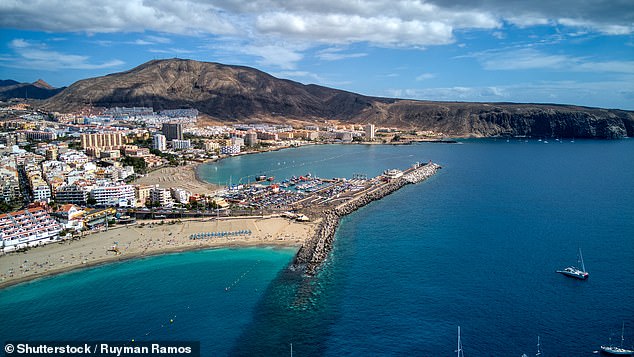 The incident took place on May 9 at around 6.50pm at the swimming pool of the Granada Park Aparthotel in Los Cristianos (pictured), on the south-west coast of Tenerife.