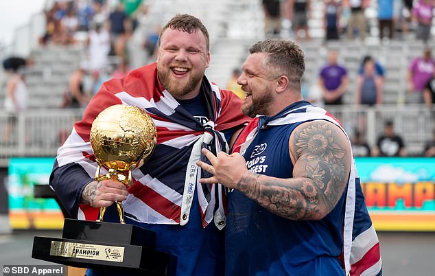 Tom and Luke Stoltman celebrate the former's third World Strongest Man title