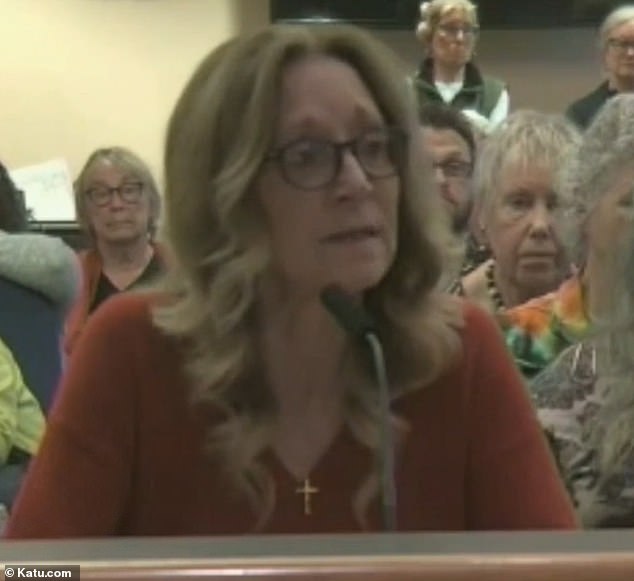 Newport resident Linda Dinerstein (pictured) raised safety concerns after witnessing a transgender person using the locker room during a city council meeting on Monday