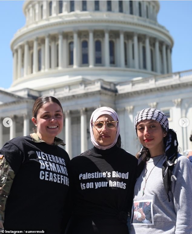 Sumer Mobarak (center), a Palestinian-American who regularly ambushs lawmakers over the issue, claims a congressman attacked her when he swiped her phone while she was heckling him about Gaza in the U.S. Capitol (photo outside)