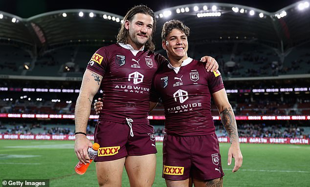 Reece Walsh (right) has revealed his bond with Broncos and Queensland Origin teammate Pat Carrigan (left) goes far beyond rugby league