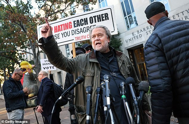 Bannon speaks to the media as he arrives at federal court to be sentenced on October 21, 2022 in Washington, DC