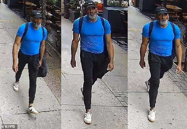 Police released a surveillance image of the alleged attacker, wearing a dark baseball cap, blue T-shirt, black pants and white sneakers