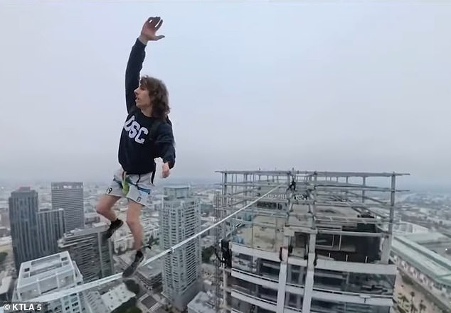 Stunning footage captured the moment YouTuber Ben Schneider scaled between the abandoned Oceanwide Plaza buildings in Los Angeles