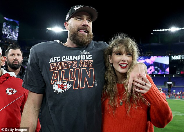 Taylor was well acquainted with Travis' over-the-top incantation of the Elvis Presley classic, as he belted out the same line as he celebrated winning the Super Bowl earlier this year;  seen together in January in Baltimore, Maryland