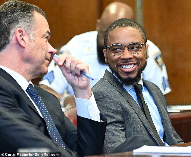 Tyrese Haspil smiles broadly in Manhattan Supreme Court as the trial for the murder of tech entrepreneur Fahim Saleh begins