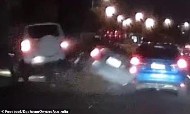 Shocking dashcam footage captured the moment a car crashed into two vehicles on Brisbane's Hale Street last Friday evening (pictured)