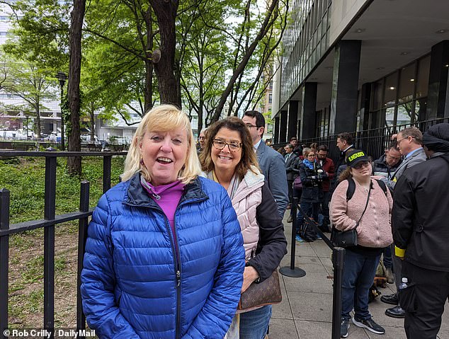 Susan Koch (l) and Marianne Fortunato got up at 3 a.m. to make sure they had a good spot at the head of the line for public courtroom seating to watch Donald Trump's hush money trial