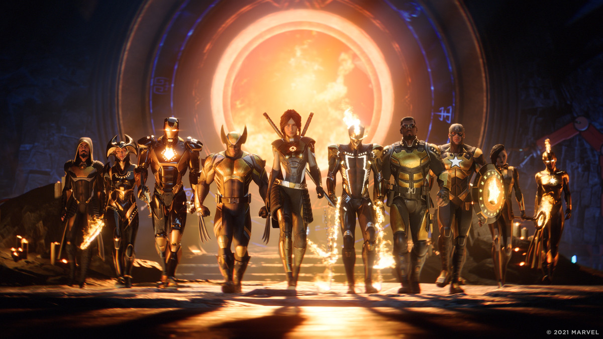 The Hunter, flanked by Wolvering, Iron Man, Blade and others, enters the frame.  Behind them what looks like some kind of stargate.