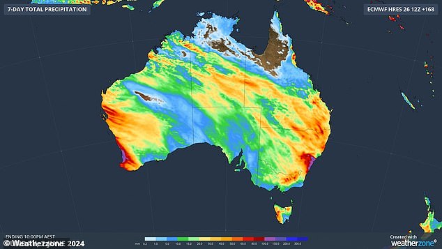 All Australian states and territories will see rain over the next few days (forecast pictured) due to a series of cold fronts