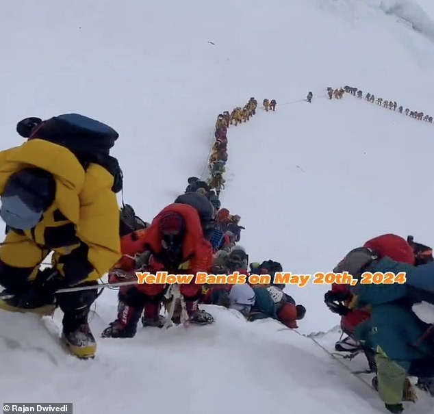 Shocking video shared on social media showed a seemingly endless line of climbers winding their way up the glacier in the high-altitude 'death zone' - so called because the air is so thin that most rely on supplemental oxygen to survive