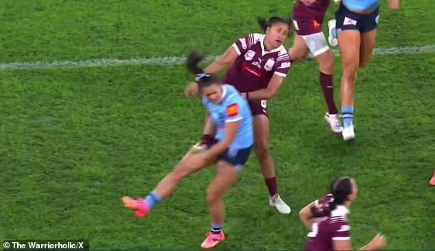 New South Wales five-eighth Corban Baxter made contact with the Queensland kicker's leg but no penalty was awarded.  She was later put on the report