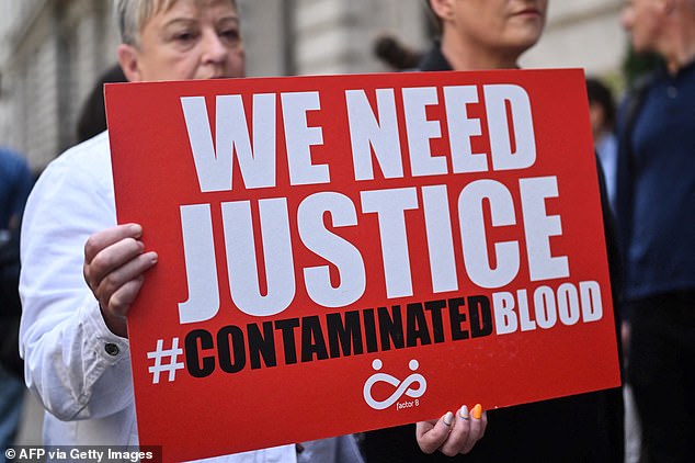 Protesters pictured with placards in London in July 2023 as Prime Minister Rishi Sunak was questioned by the Infected Blood Inquiry