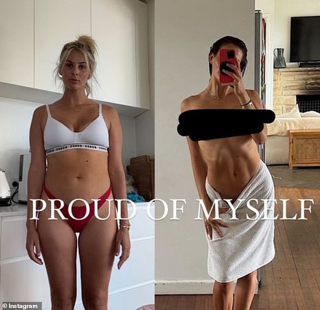 Australian influencer Indy Clinton, 26, revealed her dramatic weight loss after completing an eight-week fitness challenge on Sunday.  (Pictured left before weight loss and right after weight loss