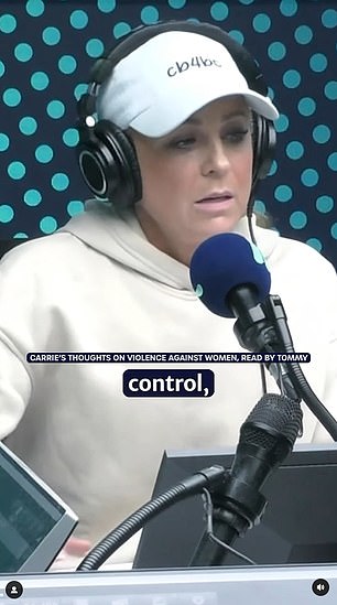 Tommy Little, 39, broke out live on Wednesday morning as he read out the plea his radio host Carrie Bickmore, 43, (pictured) made to end violence against women