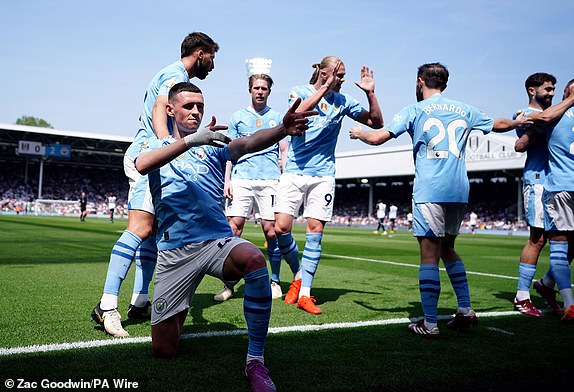 Manchester City's Phil Foden celebrates his side's second goal of the match during the Premier League match at Craven Cottage, London.  Date of photo: Saturday May 11, 2024. PA Photo.  See PA story FOOTBALL Fulham.  Photo credits should read: Zac Goodwin/PA Wire.  RESTRICTIONS: FOR EDITORIAL USE ONLY No use containing unauthorized audio, video, data, fixtures, club/league logos or "live" Services.  Online use during matches limited to 120 images, no video emulation.  No use in betting, competitions or publications about one club/competition/player.