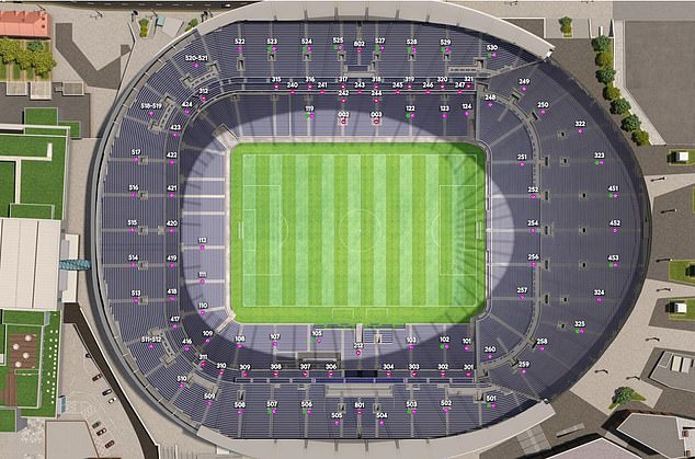 For Tottenham's match with Man City, tickets are available in the majority of all blocks (pink dots).