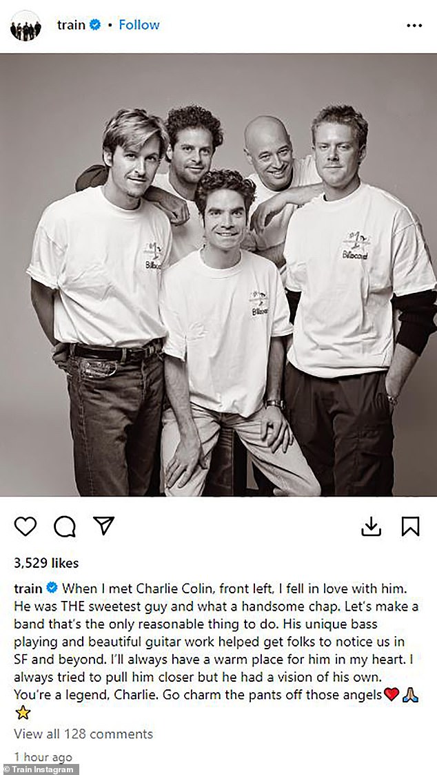 Train bassist Charlie Colin was remembered by his bandmates in a post with a photo of an early lineup of the band after the bassist died at the age of 58.  It was shared shortly after the news broke on Wednesday;  (L – R) Colin, Rob Hotchkiss, Pat Monahan, Jimmy Stafford and Scott Underwood