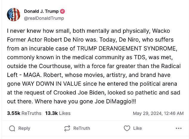 Former President Donald Trump reviewed Robert De Niro's performance outside his hush money case on his Truth Social website on Wednesday