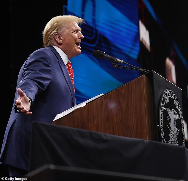 Former US President Donald Trump speaks in Dallas on Saturday after receiving the NRA's endorsement