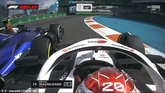 Haas' Kevin Magnussen collided with F1's only American driver Logan Sargeant on lap 28 on Sunday