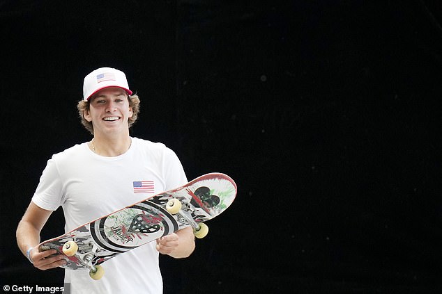 Jagger Eaton celebrates after winning the Olympic Qualifier Series street final on May 19