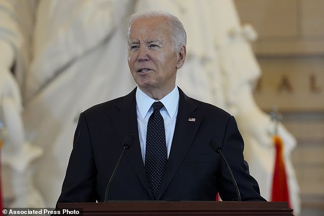 President Joe Biden speaks during the US Holocaust Memorial Museum's annual Days of Remembrance ceremony at the US Capitol, May 7, 2024 in Washington